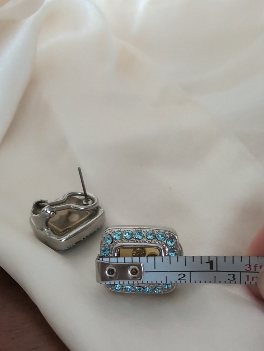 Vintage Silver-Tone Square Earrings with Blue Topaz Crystals - Picture 4 of 4